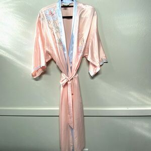 Vintage Natori Light Pink Blue Floral Embroidered Long Robe Size Small